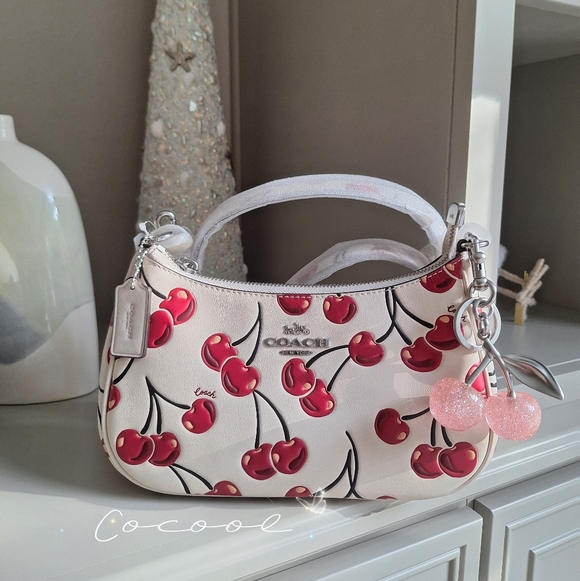 Coach Teri Shoulder Bag In Signature Canvas With Cherry Print Pink Cherry Charm - Picture 3 of 15